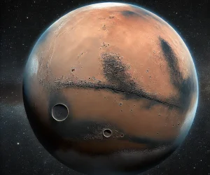 DALL·E 2024-07-09 17.17.36 - A detailed image of the planet Mars as seen from space. The planet appears with its characteristic reddish surface, visible craters, and polar ice cap