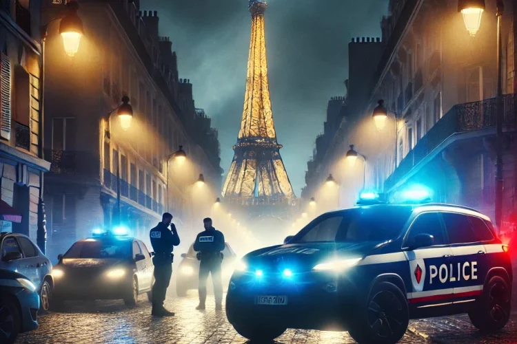 DALL·E 2024-07-16 10.08.20 - A dramatic night scene in Paris with police sirens flashing blue and red lights. Police cars are parked along a cobblestone street, their lights refle