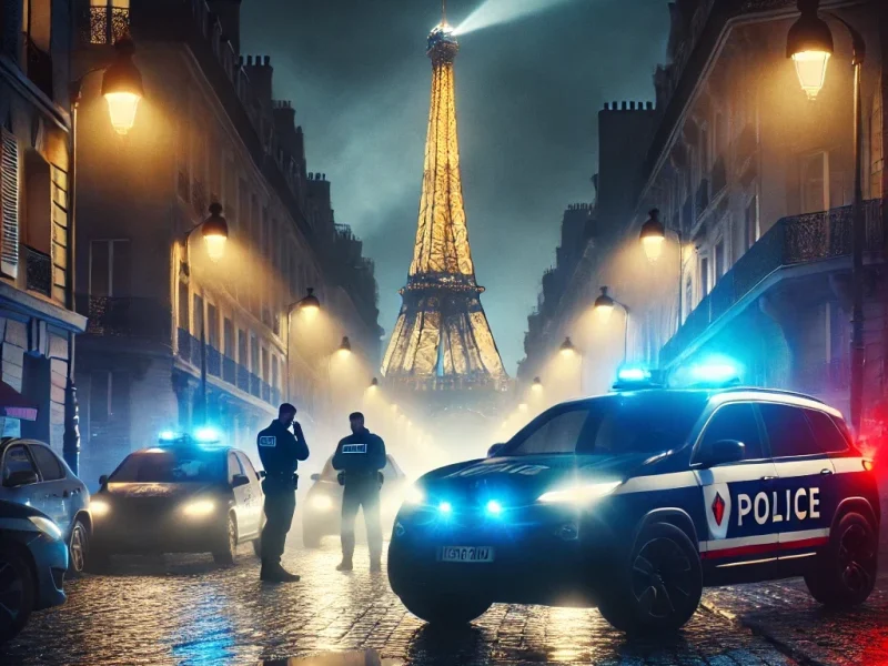 DALL·E 2024-07-16 10.08.20 - A dramatic night scene in Paris with police sirens flashing blue and red lights. Police cars are parked along a cobblestone street, their lights refle