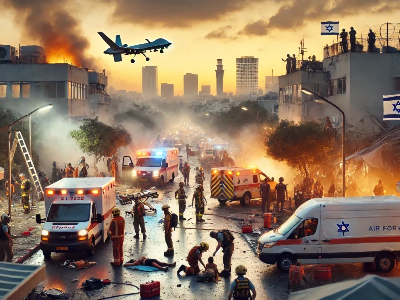 DALL·E 2024-07-19 11.05.42 - A dramatic scene in the early morning with a drone attack in central Tel Aviv. The attack has caused damage near the US Embassy. The area i